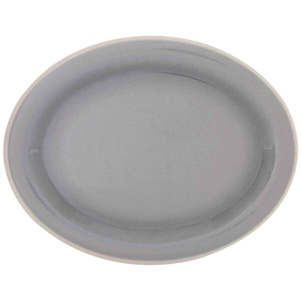 A gray melamine oval platter with an ivory rim.