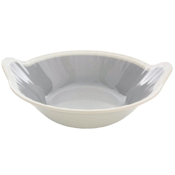 A white melamine bowl with a gray interior and handles.
