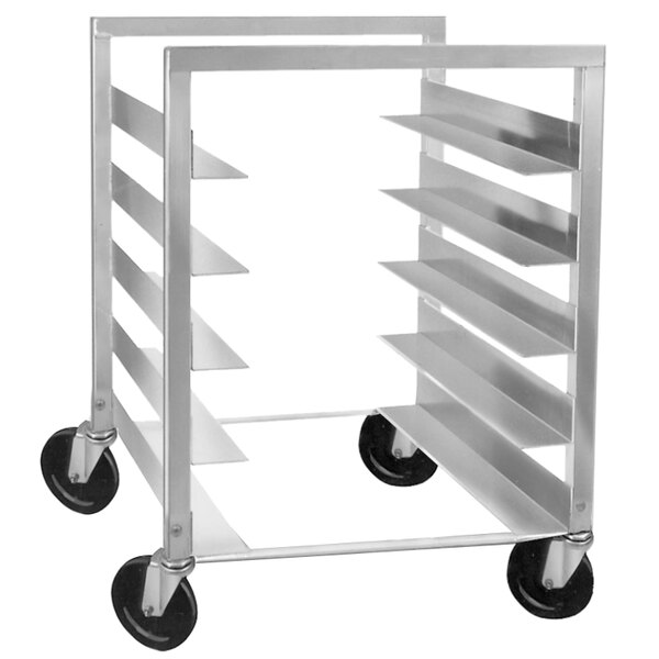 A Channel aluminum steam table pan rack with black wheels.