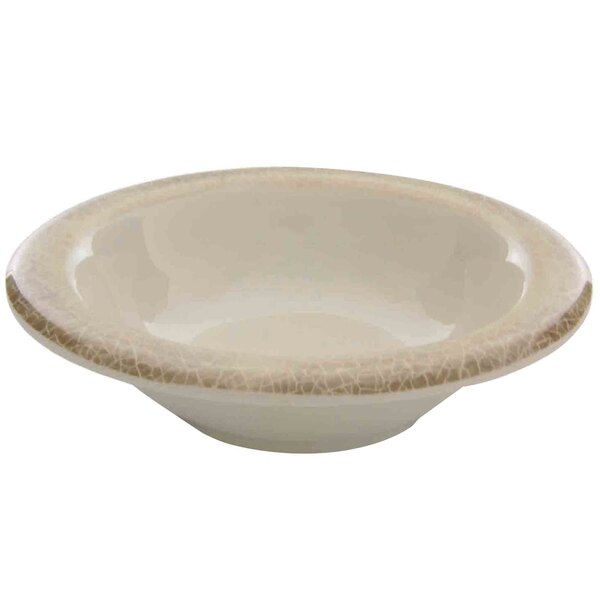 A white Thunder Group melamine bowl with a crackle-finished brown rim.