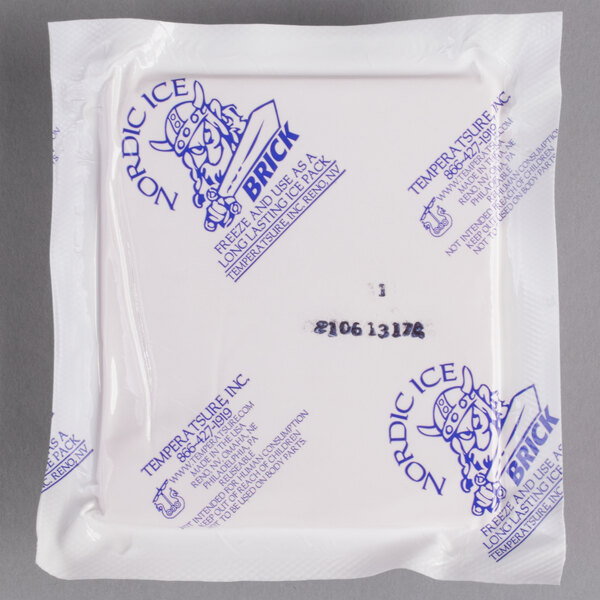 A white package of Nordic foam brick cold packs with blue writing on it.