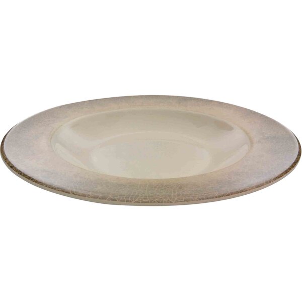 A white melamine pasta bowl with a brown crackle-finished border.