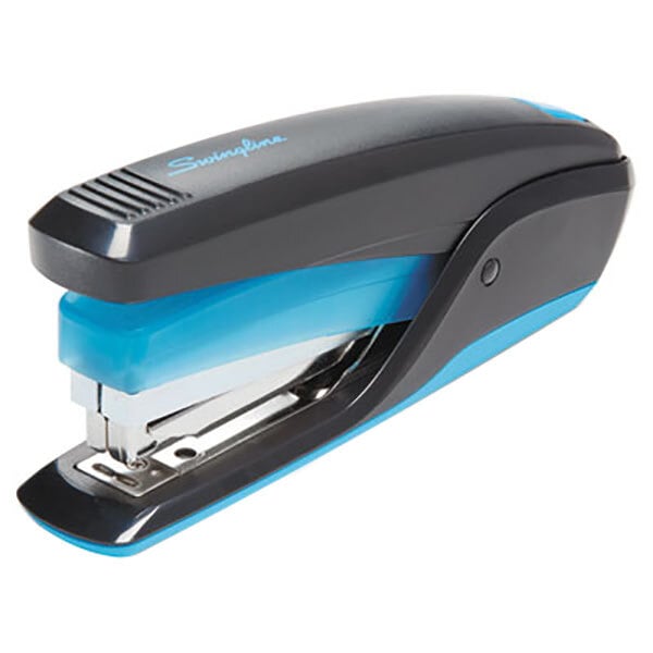 A black and blue Swingline QuickTouch stapler.
