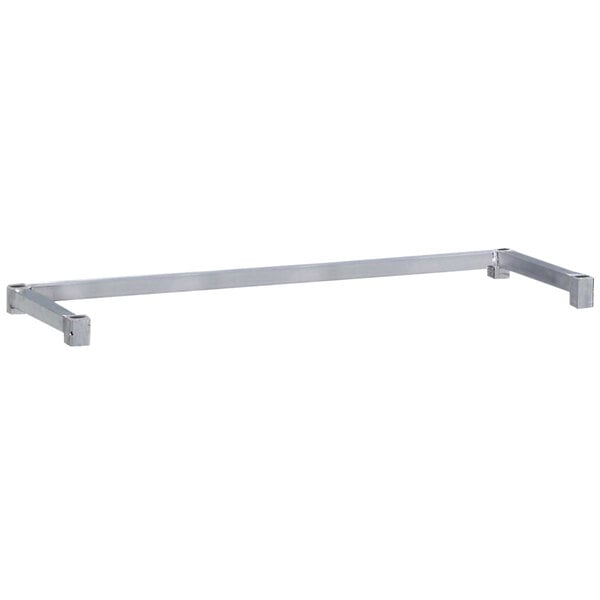 A long metal frame with rectangular shelves and straps.