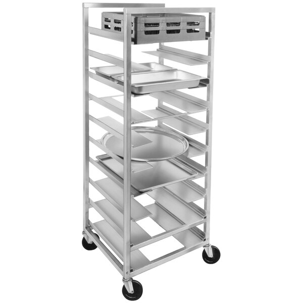 A Channel aluminum sheet pan rack with 6 trays on it.