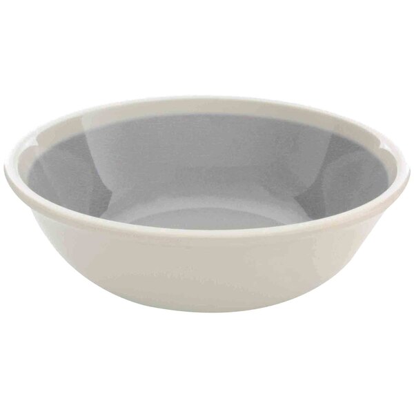 A white melamine bowl with a grey rim.