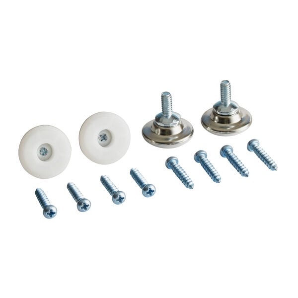 A group of screws and white table glides.