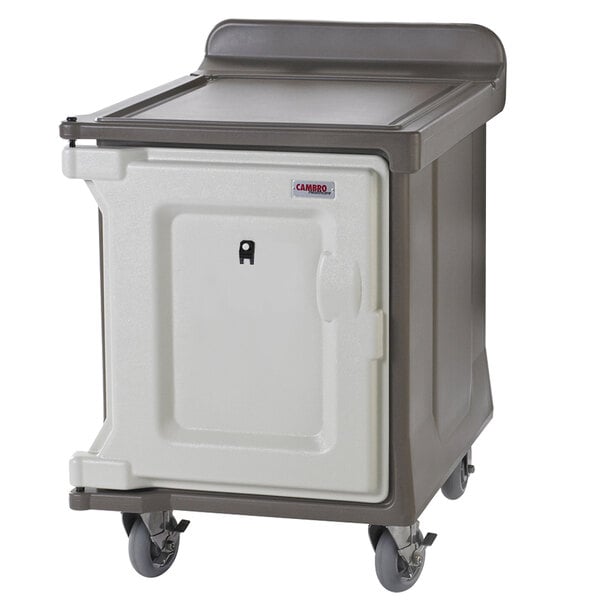 A grey and white plastic Cambro meal delivery cart.