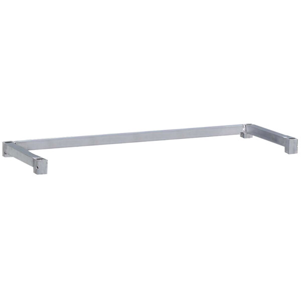 A metal frame with a long rectangular metal shelf and straps.