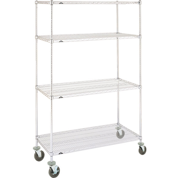 A white metal Metro Super Erecta wire shelving unit with wheels.