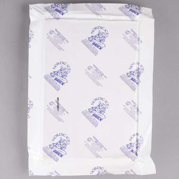 A white plastic bag with blue text that reads "Nordic Cold Packs" containing 3 white foam brick cold packs.