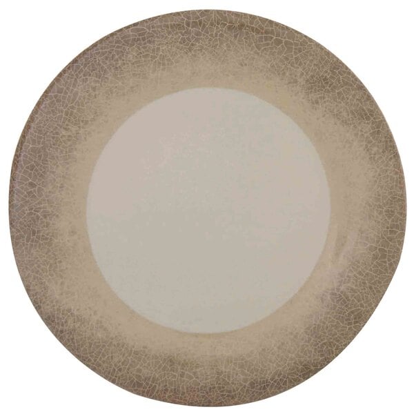 A white melamine plate with a brown crackle-finished border.