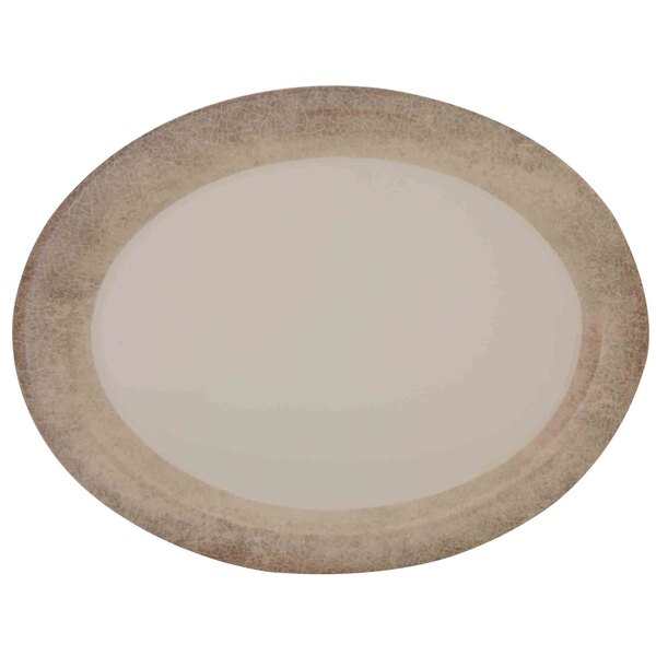 A white oval Thunder Group melamine platter with a brown crackle-finished border.