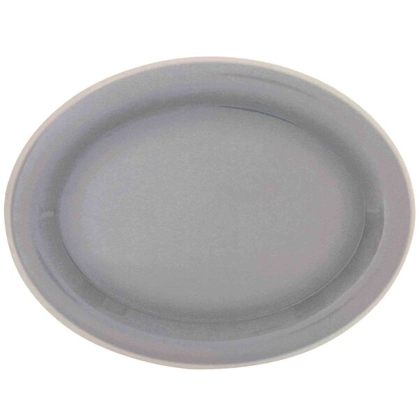 A gray oval melamine platter with an ivory rim.