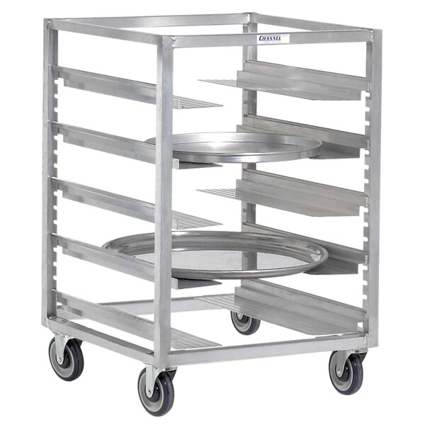 A Channel aluminum mobile rack with 5 sheet pans on it.