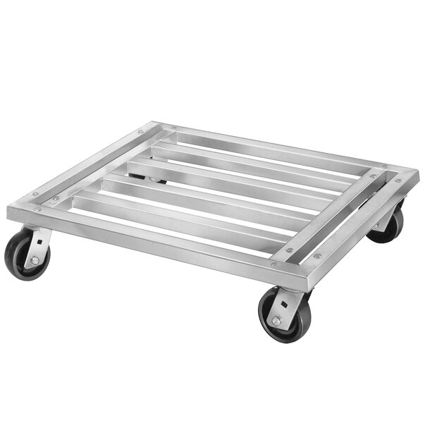 A Channel MD2424 aluminum dunnage rack with black wheels.