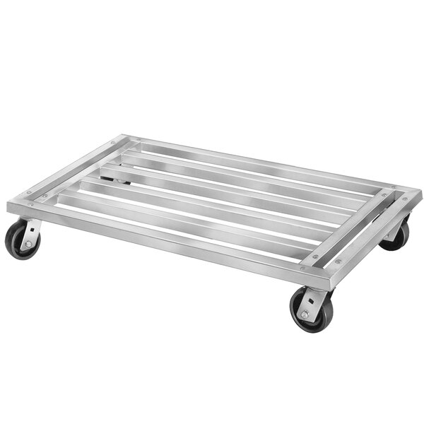 A Channel Mobile Aluminum Dunnage Rack with black wheels.