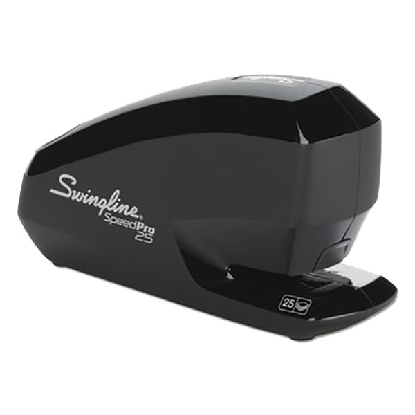 A black Swingline Speed Pro electric stapler on a white counter.