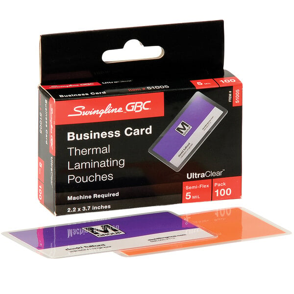 A white box of Swingline UltraClear business card laminating pouches with purple and black text.