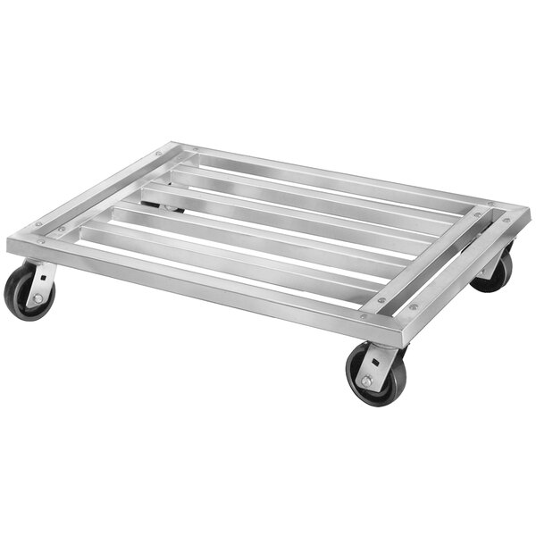 A Channel Mobile Aluminum Dunnage Rack with black wheels.