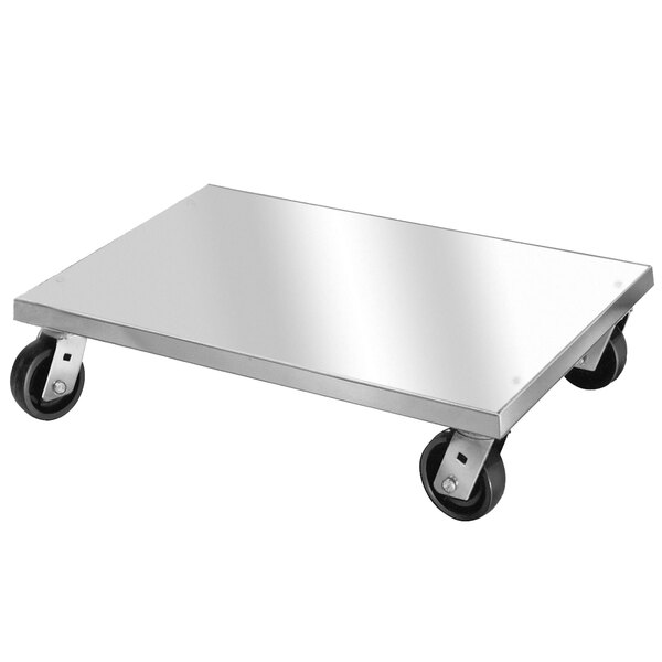 A Channel mobile aluminum dunnage rack with black wheels.