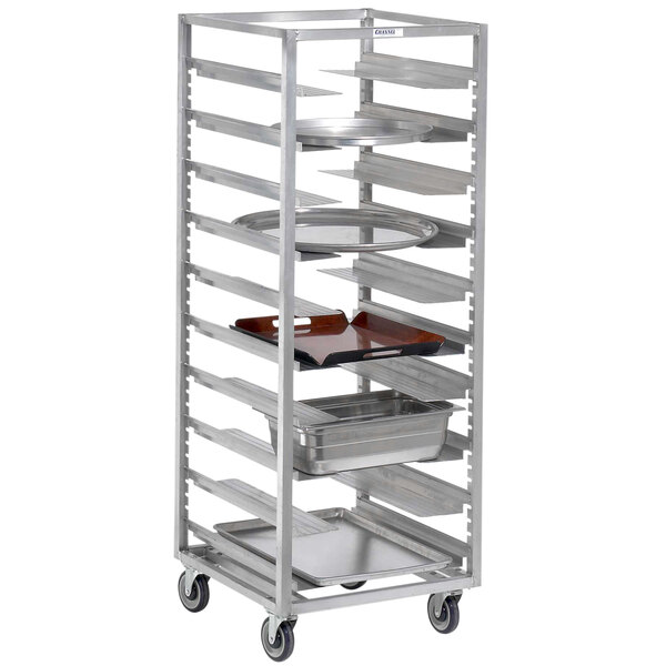 A Channel aluminum sheet pan rack with trays on wheels.