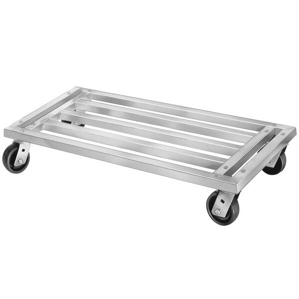 A Channel mobile aluminum dunnage rack with wheels.
