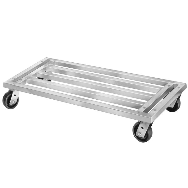 A metal Channel MD2060 dunnage rack with wheels.