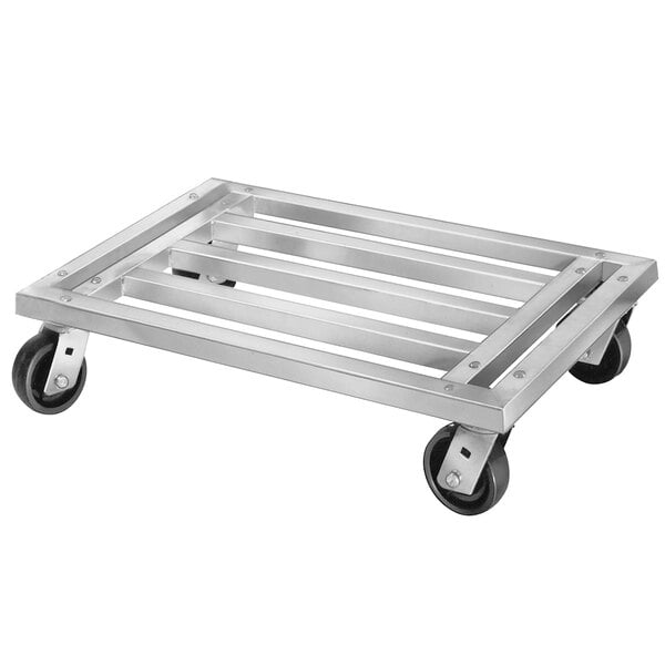 A Channel mobile aluminum dunnage rack with black wheels.