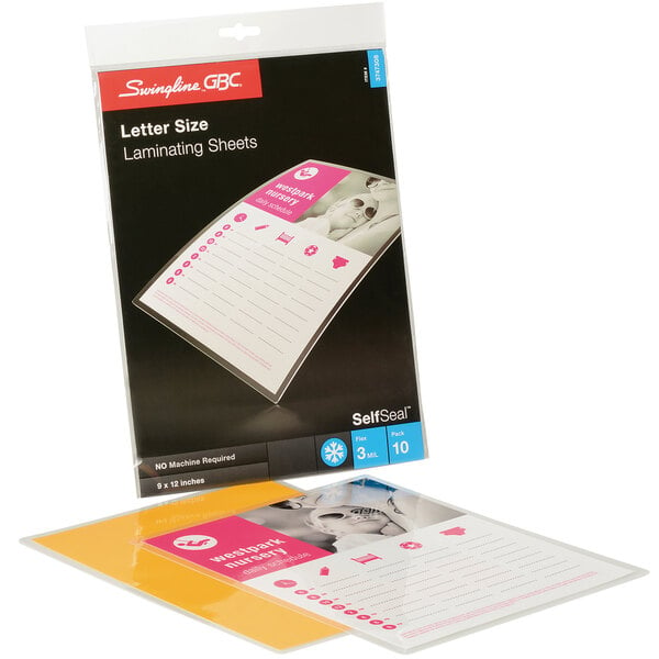 A box of Swingline GBC SelfSeal laminating pouches with 10 sheets inside.