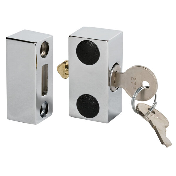 A pair of chrome steel Beverage-Air door locks with keys.