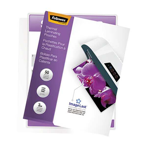 A purple and white package of Fellowes thermal laminating pouches with a purple label.