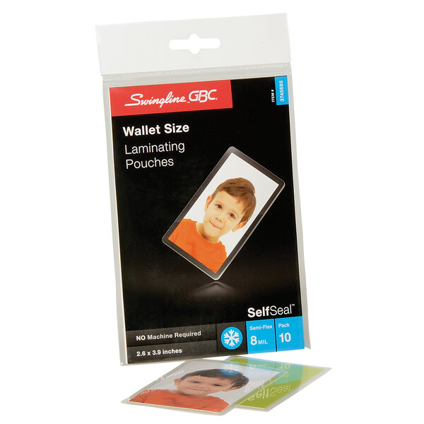 A Swingline GBC SelfSeal laminating pouch package with a picture of a boy on it.