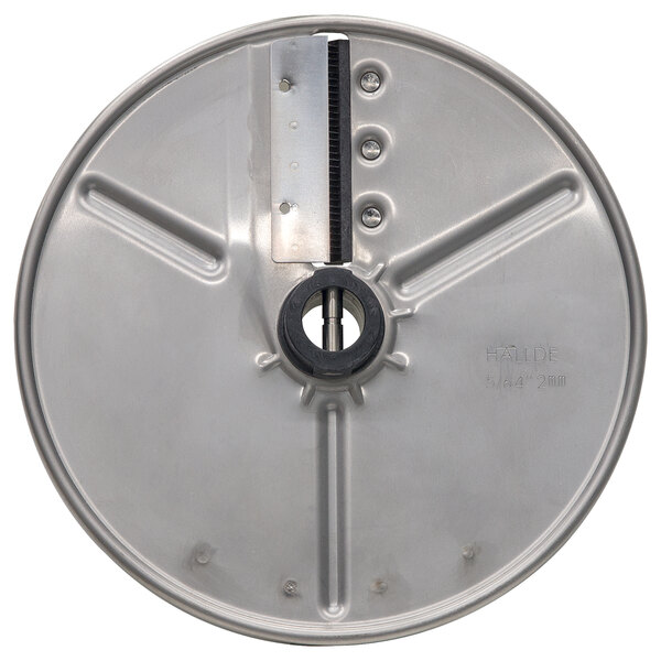 A circular metal Hobart stainless steel julienne plate with a hole in the center.