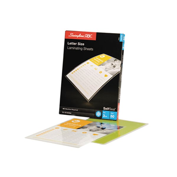 A pack of Swingline GBC SelfSeal laminating pouches with a yellow and white brochure inside.