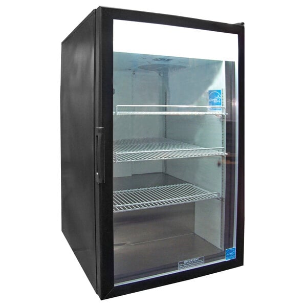 A black Excellence Countertop Display Refrigerator with glass doors and shelves.