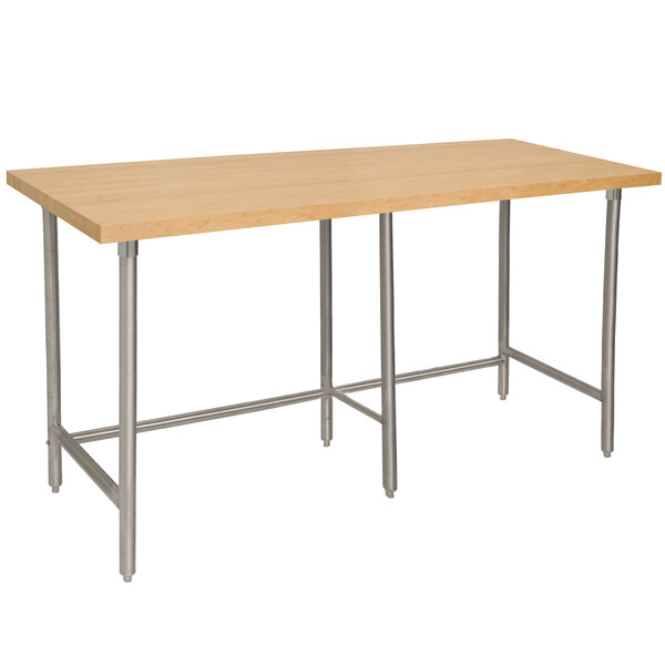 An Advance Tabco wood top work table with a stainless steel base.