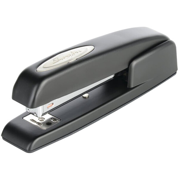 A black Swingline stapler with a silver metal handle.