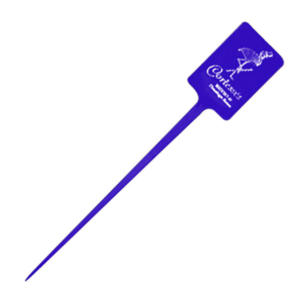A blue plastic rectangular pick with a white design on it.