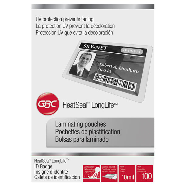 A Swingline GBC white and black box of 100 LongLife ID Badge Thermal Laminating Pouches with a man's ID card inside.