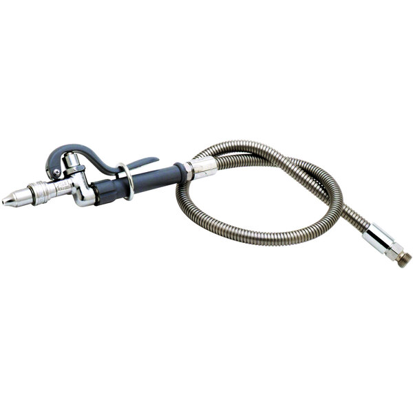 A T&amp;S stainless steel flexible hose with a quick connect jet head.