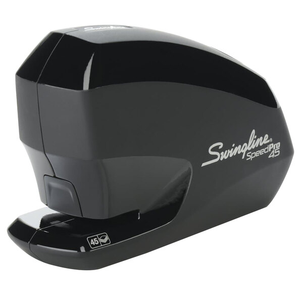A black Swingline Speed Pro electric stapler with white text.