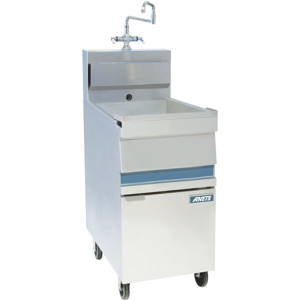 An Anets stainless steel pasta rinse station with a blue top and white sides.