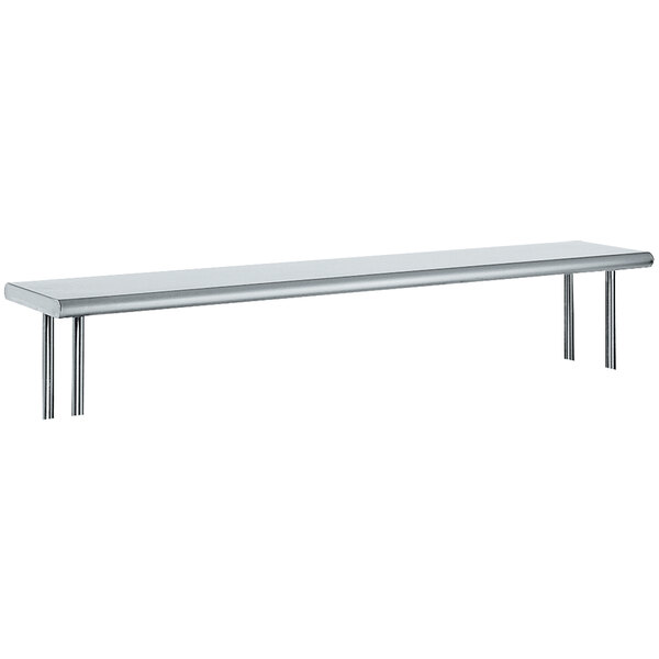 A stainless steel shelving unit with a long shelf above a table.