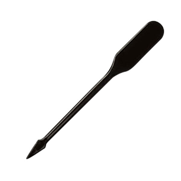 A close-up of a black WNA Comet paddle pick with a pointed tip.