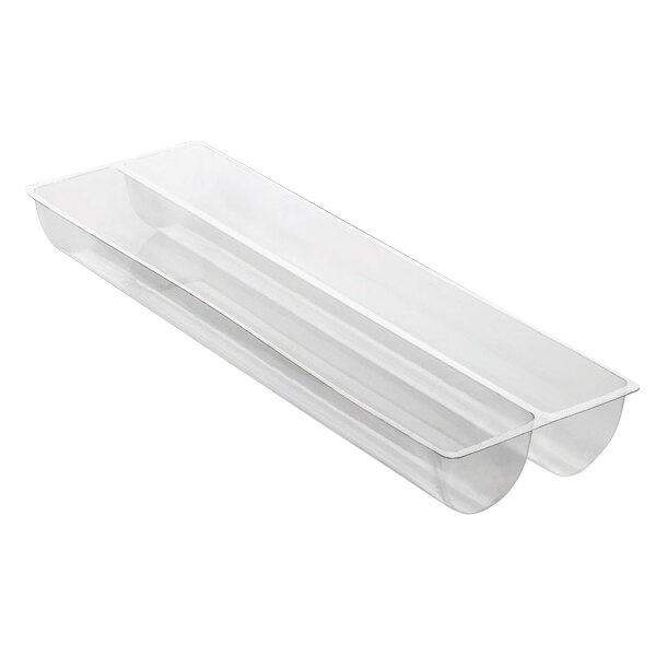 A clear plastic container with two long semicircle compartments.