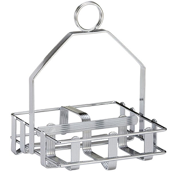 A silver chrome metal rack with hooks for salt and pepper shakers and a sugar packet basket.