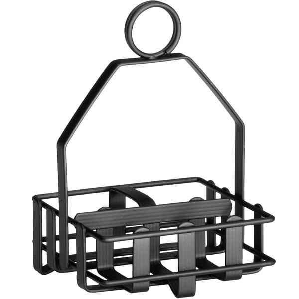 A black metal Tablecraft salt and pepper rack with a handle