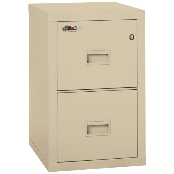 A tan FireKing two drawer file cabinet with two drawers.