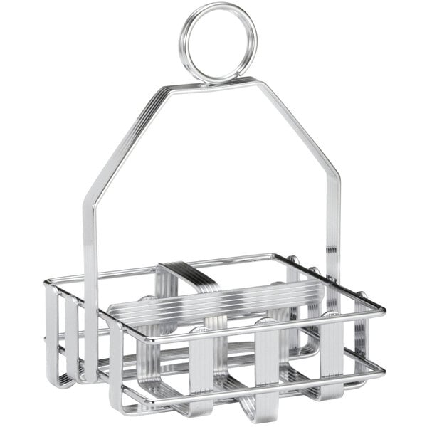 A silver metal Tablecraft rack with a handle and ring.